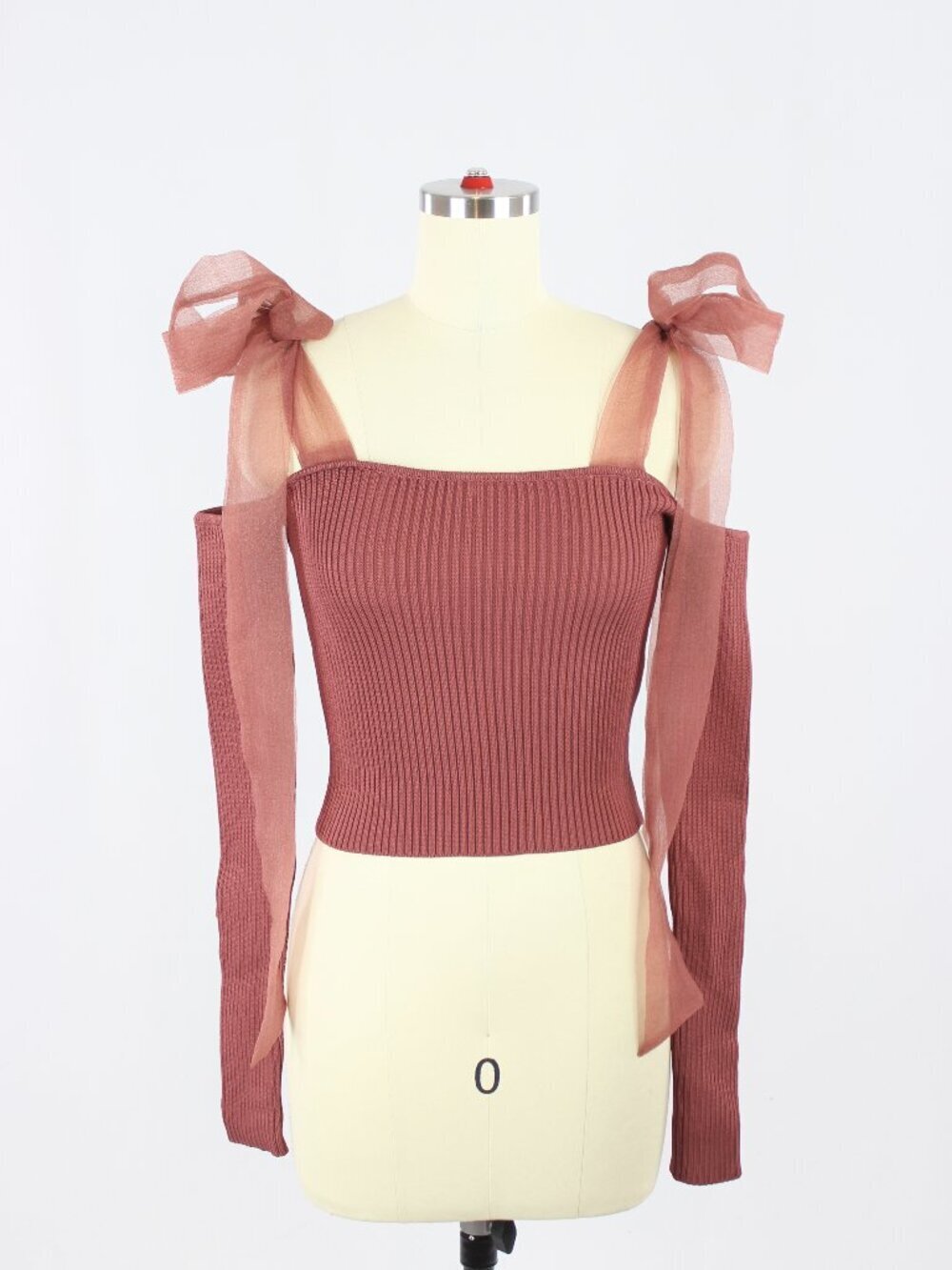 NWOT ZARA Rose Mauve Ribbed Knit Organza Tie Strap Cold Shoulder Top, Size S